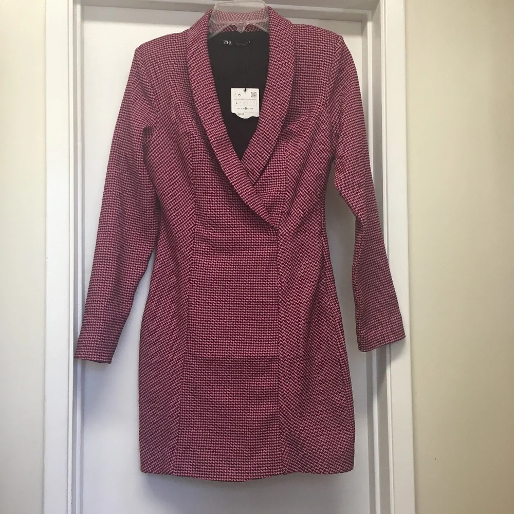 NWT Zara Pink Black Houndstooth Blazer Dress Bloggers Fav - Picture 3 of 12